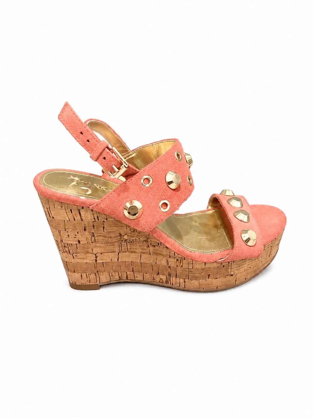 Ivanka Trump Coral Suede Cork Wedge Sandals with Gold Studs Size 5